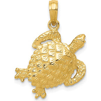 14K Yellow Gold Polished Open-Backed Turtle Pendant with Textured Design - 25mm Length by Oro Pregiato