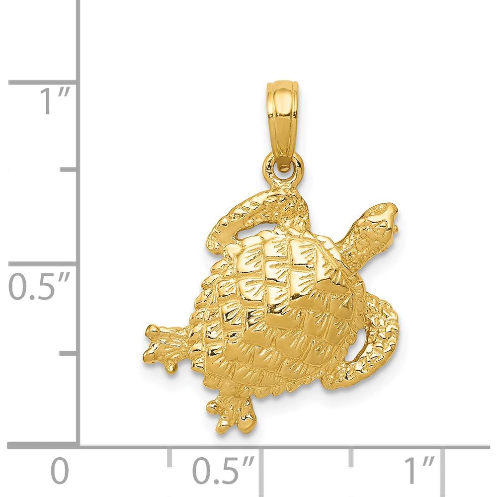 14K Yellow Gold Polished Open-Backed Turtle Pendant with Textured Design - 25mm Length by Oro Pregiato