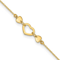 14K Yellow Gold Polished Open Heart Adjustable Anklet - 10.75" Total Length