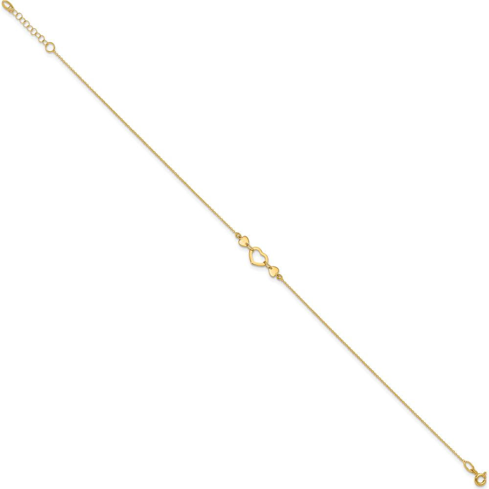14K Yellow Gold Polished Open Heart Adjustable Anklet - 10.75" Total Length