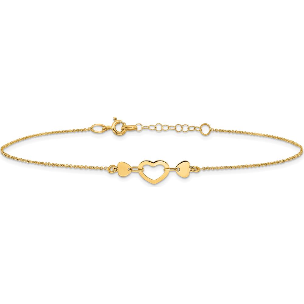 14K Yellow Gold Polished Open Heart Adjustable Anklet - 10.75" Total Length