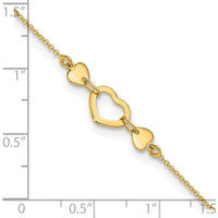14K Yellow Gold Polished Open Heart Adjustable Anklet - 10.75" Total Length