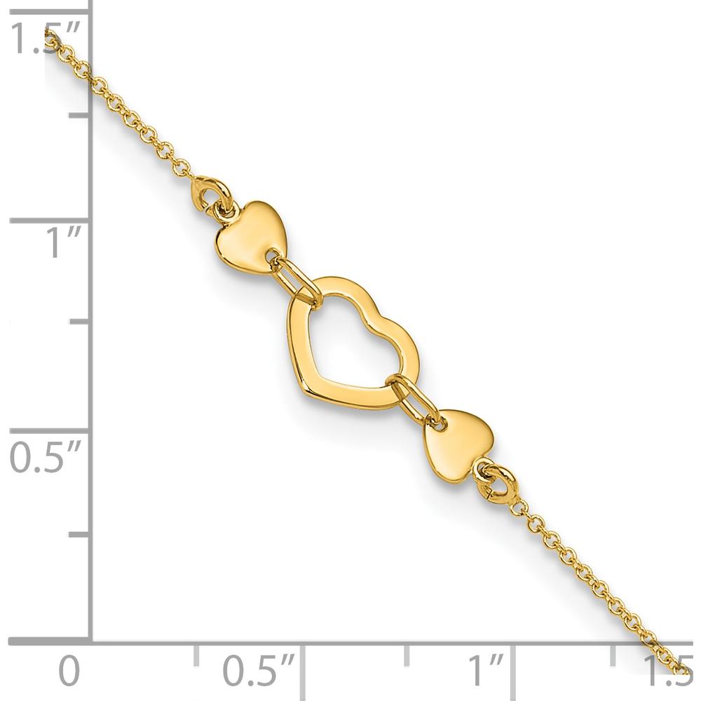 14K Yellow Gold Polished Open Heart Adjustable Anklet - 10.75" Total Length
