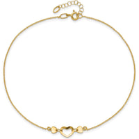 14K Yellow Gold Polished Open Heart Adjustable Anklet - 10.75" Total Length