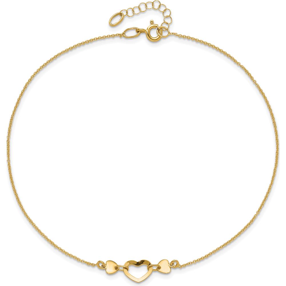 14K Yellow Gold Polished Open Heart Adjustable Anklet - 10.75" Total Length