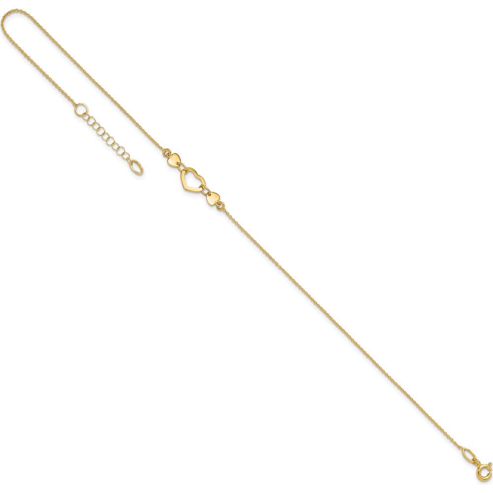 14K Yellow Gold Polished Open Heart Adjustable Anklet - 10.75" Total Length