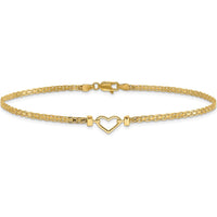 14K Yellow Gold Polished Open Heart and Bismark Chain 9" Anklet