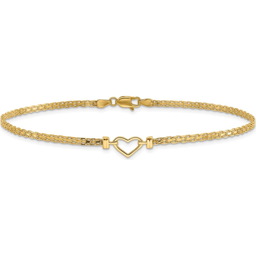 14K Yellow Gold Polished Open Heart and Bismark Chain 9" Anklet