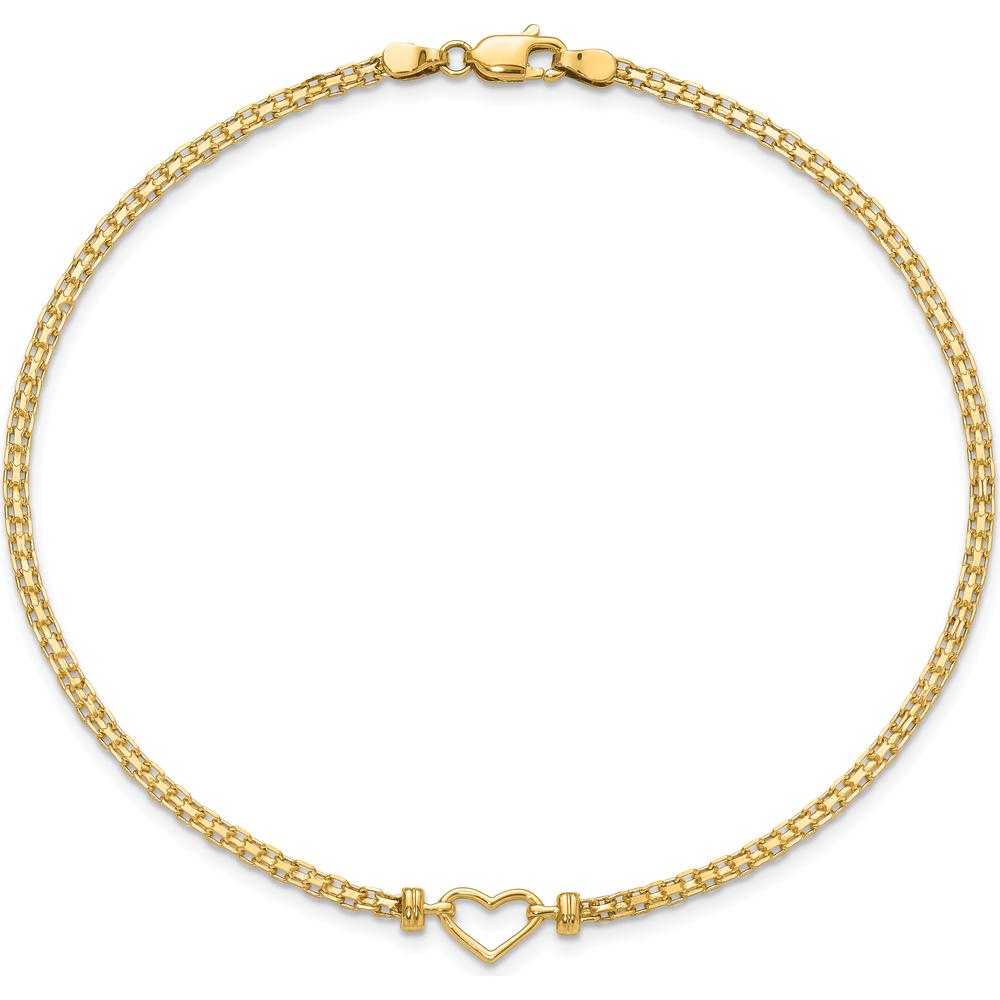 14K Yellow Gold Polished Open Heart and Bismark Chain 9" Anklet