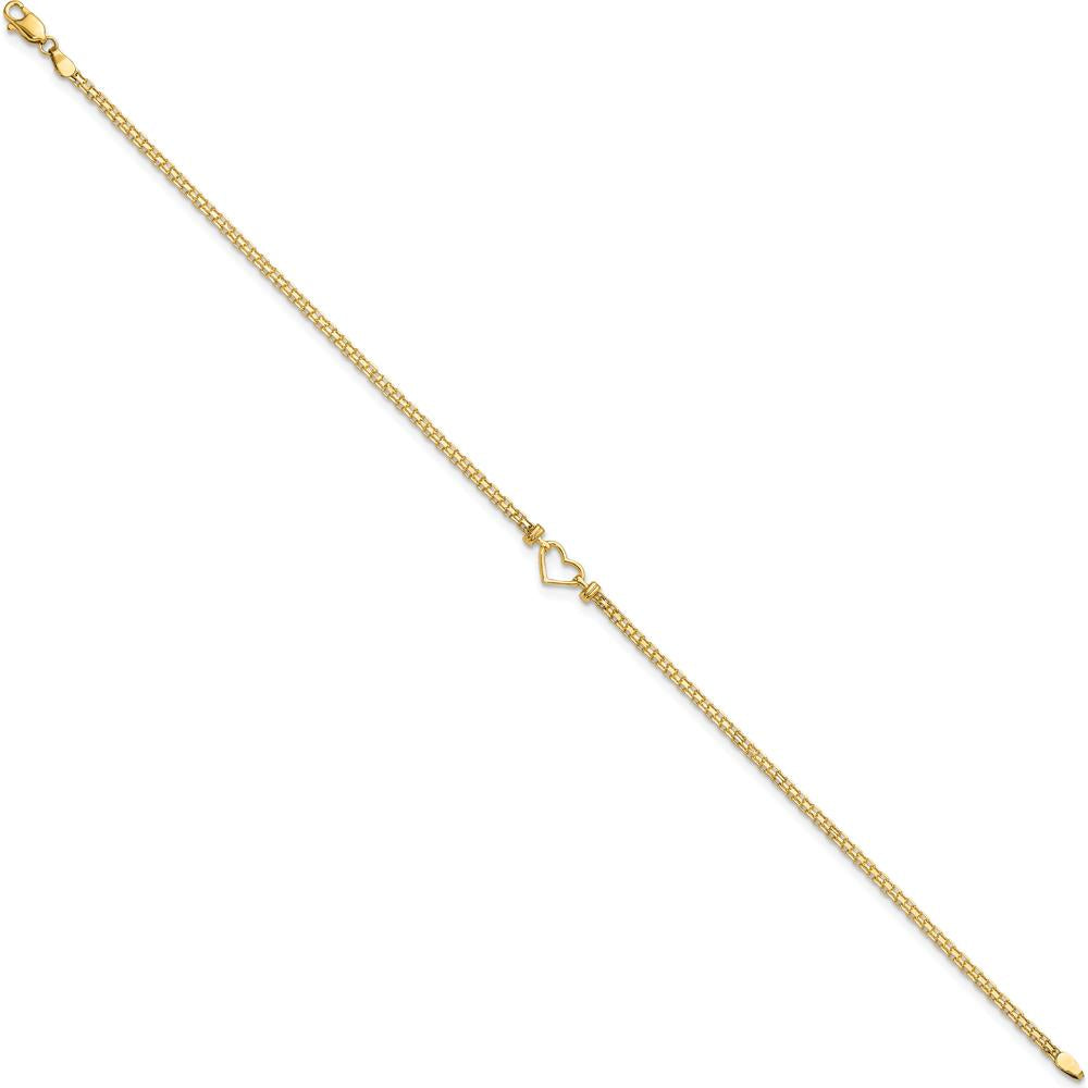 14K Yellow Gold Polished Open Heart and Bismark Chain Anklet - 10"