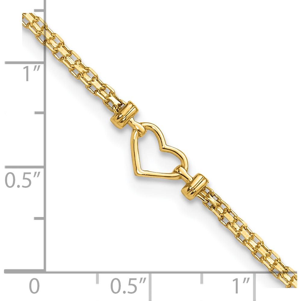 14K Yellow Gold Polished Open Heart and Bismark Chain Anklet - 10"