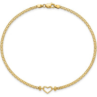 14K Yellow Gold Polished Open Heart and Bismark Chain Anklet - 10"