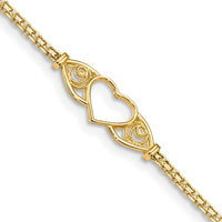 14K Yellow Gold Polished Open Heart Anklet with Filigree and Bismark Chain - 10" Length