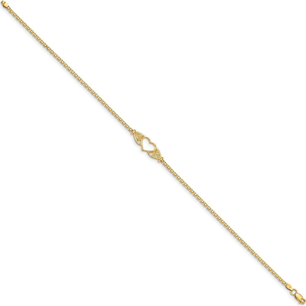 14K Yellow Gold Polished Open Heart Anklet with Filigree and Bismark Chain - 10" Length