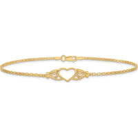 14K Yellow Gold Polished Open Heart Anklet with Filigree and Bismark Chain - 10" Length