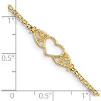 14K Yellow Gold Polished Open Heart Anklet with Filigree and Bismark Chain - 10" Length
