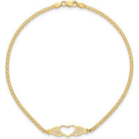 14K Yellow Gold Polished Open Heart Anklet with Filigree and Bismark Chain - 10" Length