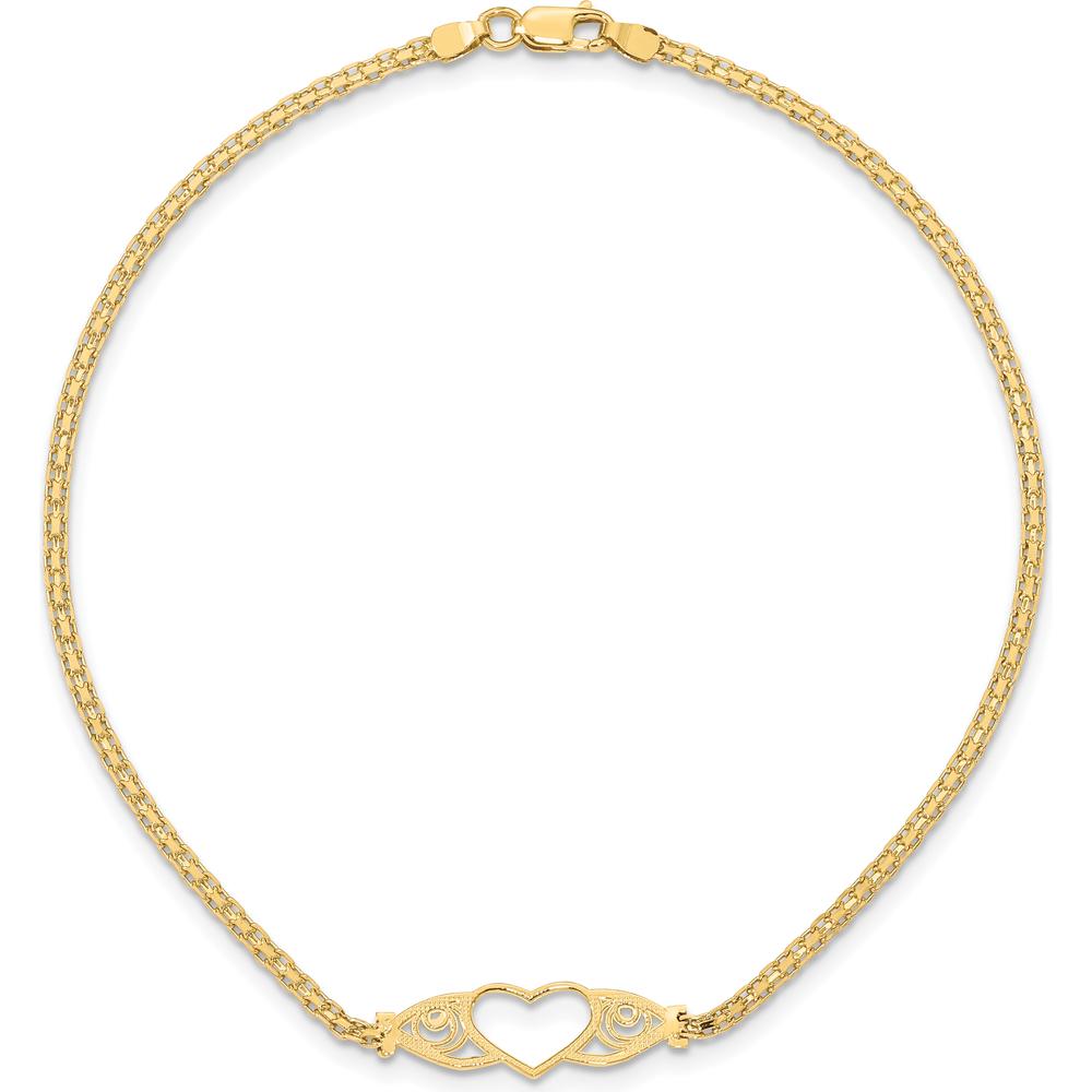14K Yellow Gold Polished Open Heart Anklet with Filigree and Bismark Chain - 10" Length
