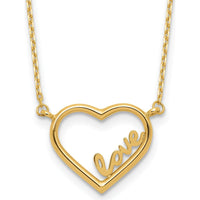 14K Yellow Gold Polished Open Heart Necklace with LOVE Pendant - 17" with 0.5" Extender by 0