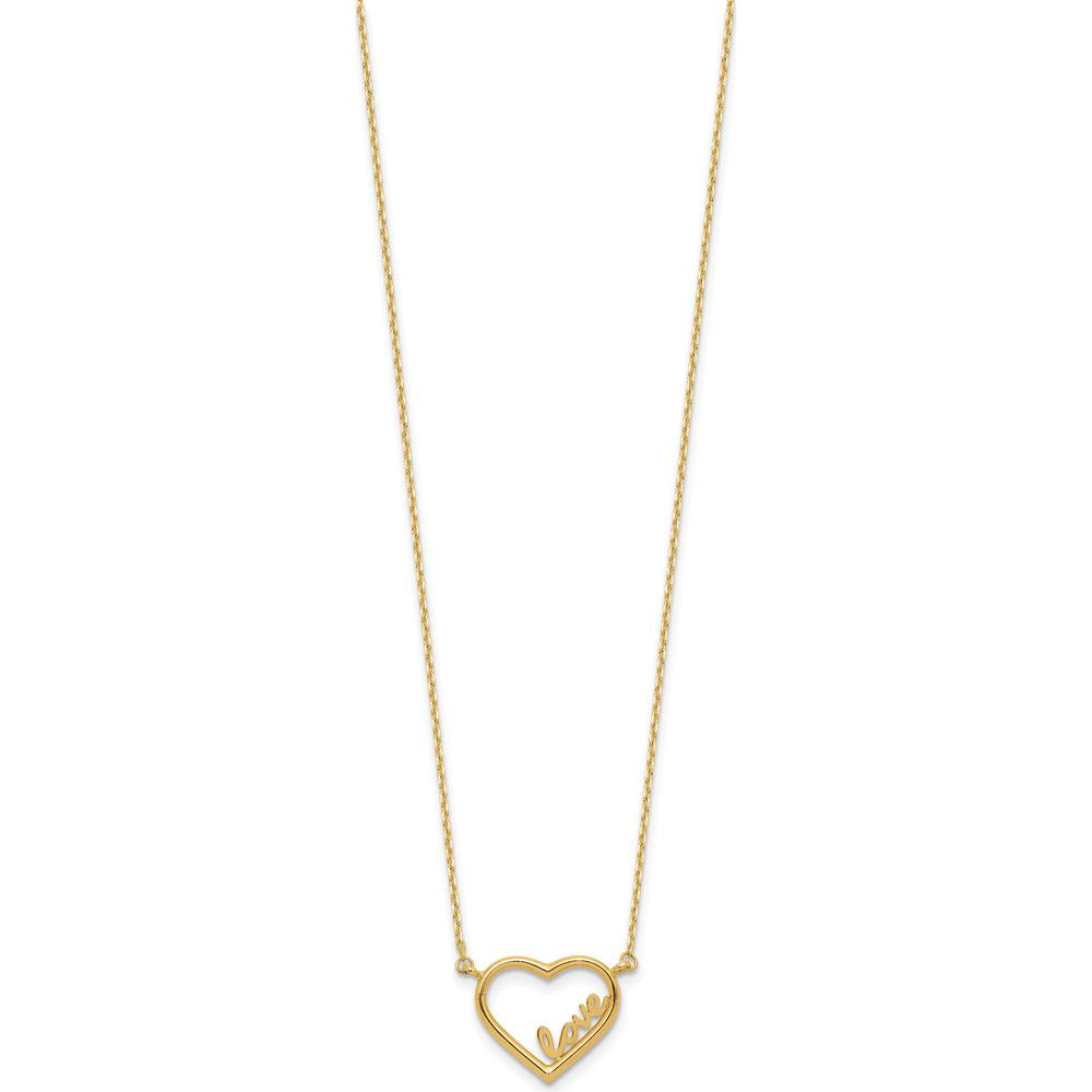 14K Yellow Gold Polished Open Heart Necklace with LOVE Pendant - 17" with 0.5" Extender by 0