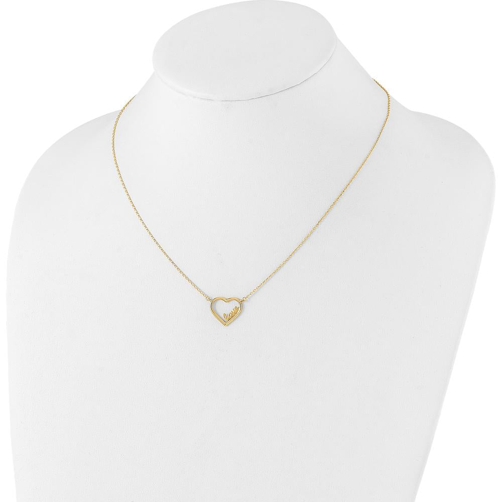 14K Yellow Gold Polished Open Heart Necklace with LOVE Pendant - 17" with 0.5" Extender by 0