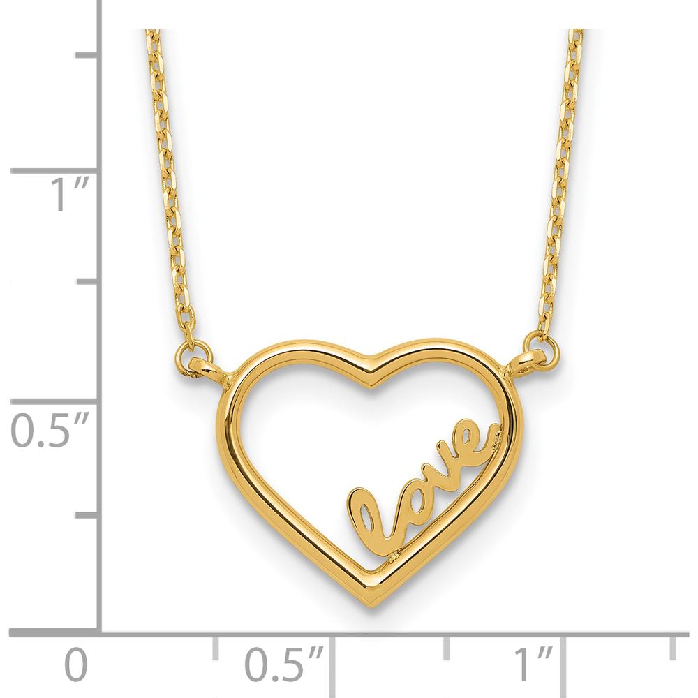 14K Yellow Gold Polished Open Heart Necklace with LOVE Pendant - 17" with 0.5" Extender by 0