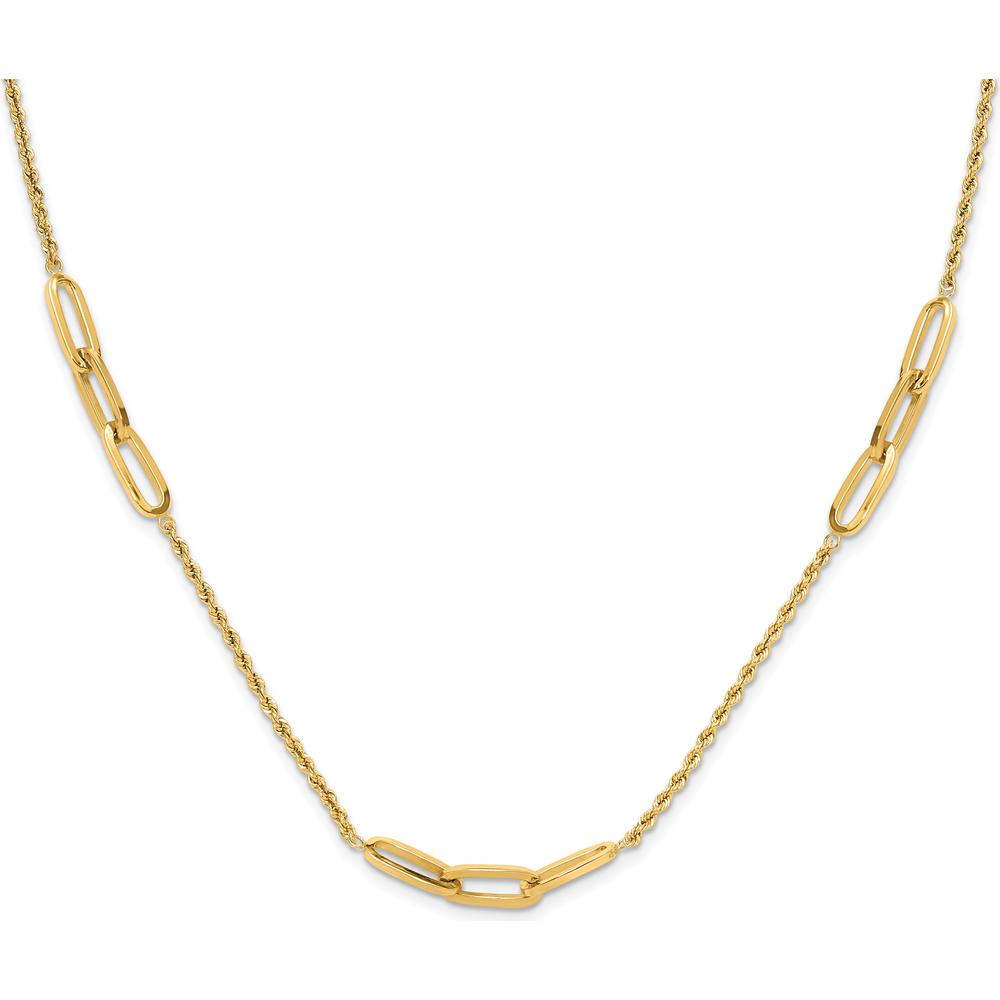 14K Yellow Gold Polished Oval Link and Diamond-Cut Rope 3-Station Necklace - 20.25" Length by 0
