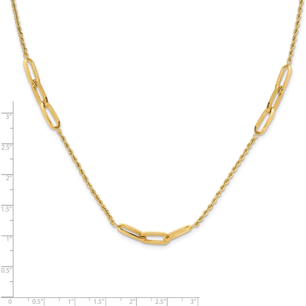 14K Yellow Gold Polished Oval Link and Diamond-Cut Rope 3-Station Necklace - 20.25" Length by 0