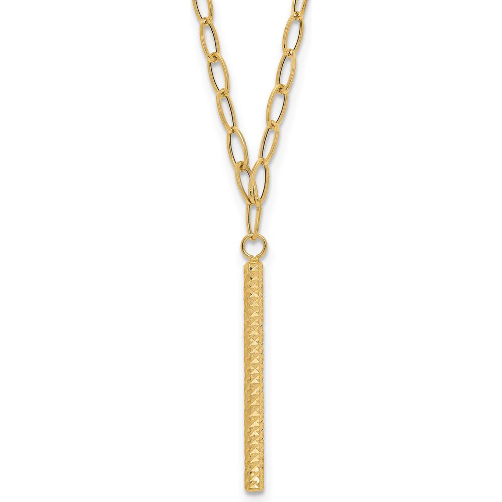 14K Yellow Gold Polished Oval Link Chain Necklace with Diamond-Cut Bar Pendant - 30mm Length by 0
