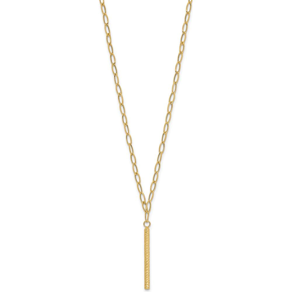 14K Yellow Gold Polished Oval Link Chain Necklace with Diamond-Cut Bar Pendant - 30mm Length by 0
