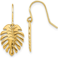 14K Yellow Gold Polished Palm Leaf Dangle Earrings - Nature-Inspired Design by 0