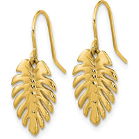 14K Yellow Gold Polished Palm Leaf Dangle Earrings - Nature-Inspired Design by 0