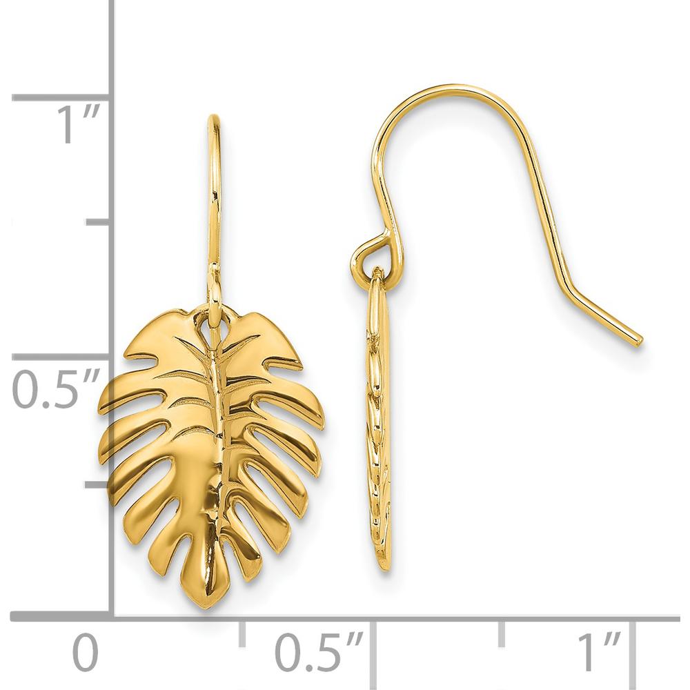 14K Yellow Gold Polished Palm Leaf Dangle Earrings - Nature-Inspired Design by 0