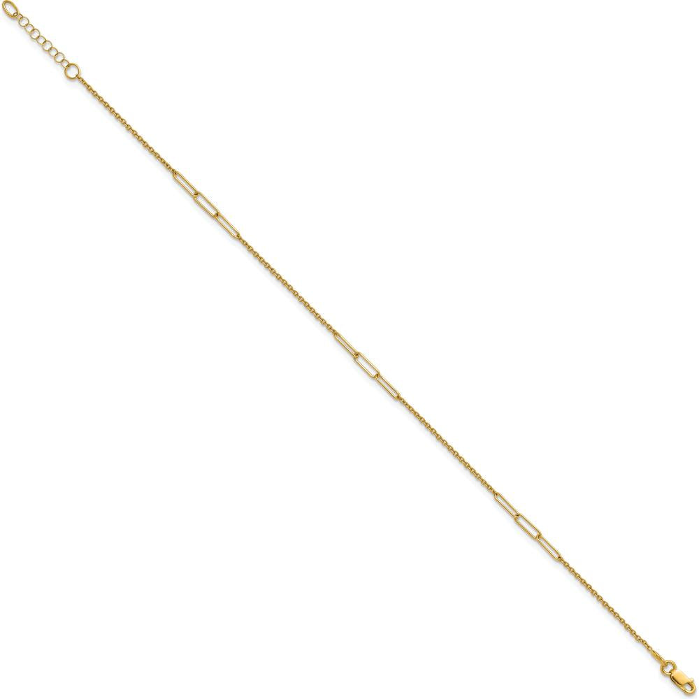 14K Yellow Gold Polished Paper Clip and Cable Link Anklet with Extender - 10" Total Length