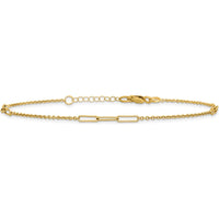 14K Yellow Gold Polished Paper Clip and Cable Link Anklet with Extender - 10" Total Length
