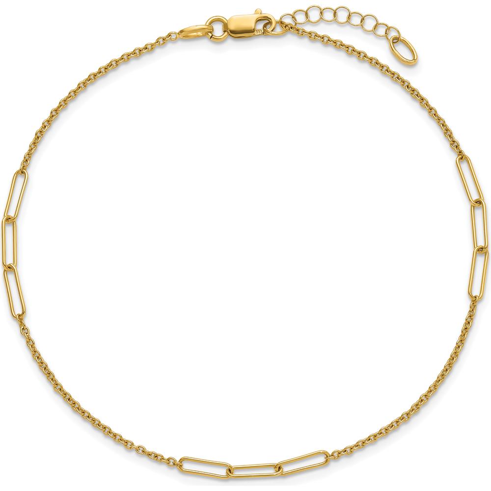 14K Yellow Gold Polished Paper Clip and Cable Link Anklet with Extender - 10" Total Length
