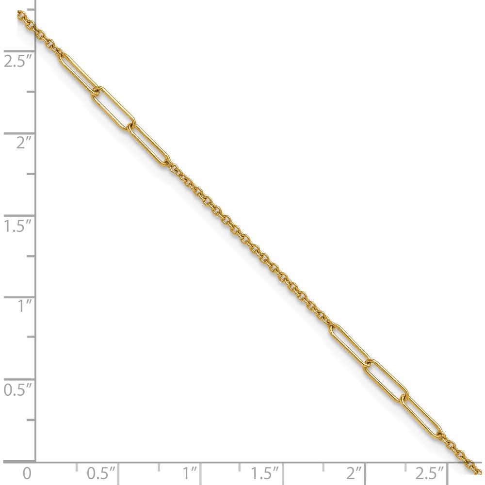 14K Yellow Gold Polished Paper Clip and Cable Link Anklet with Extender - 10" Total Length