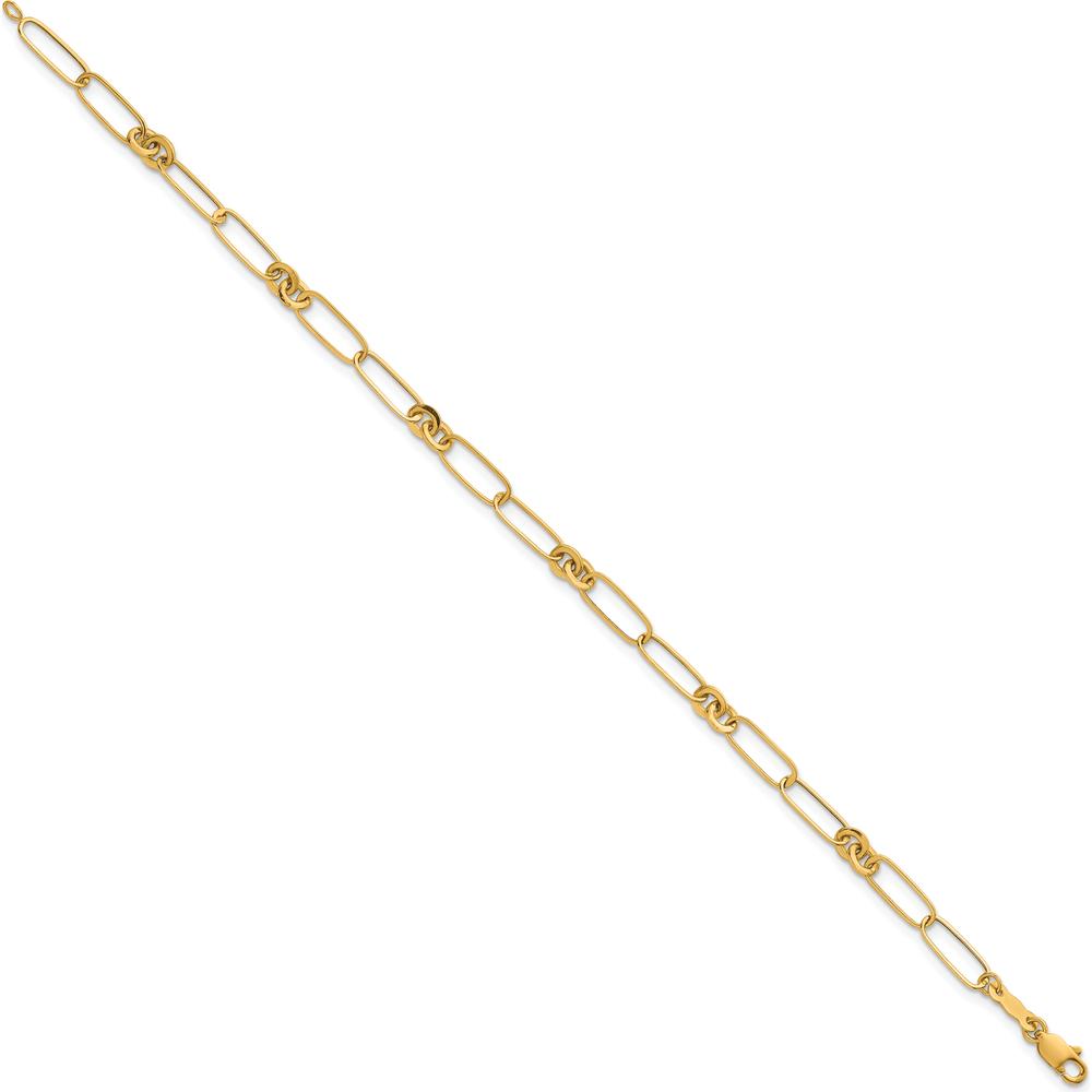 14K Yellow Gold Polished Paperclip and Fancy Link Bracelet - 7.5" Length by 0