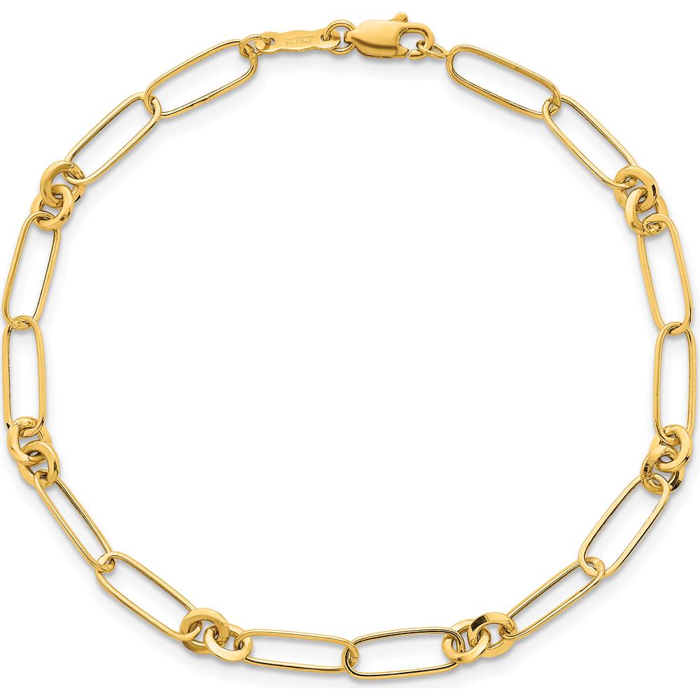 14K Yellow Gold Polished Paperclip and Fancy Link Bracelet - 7.5" Length by 0