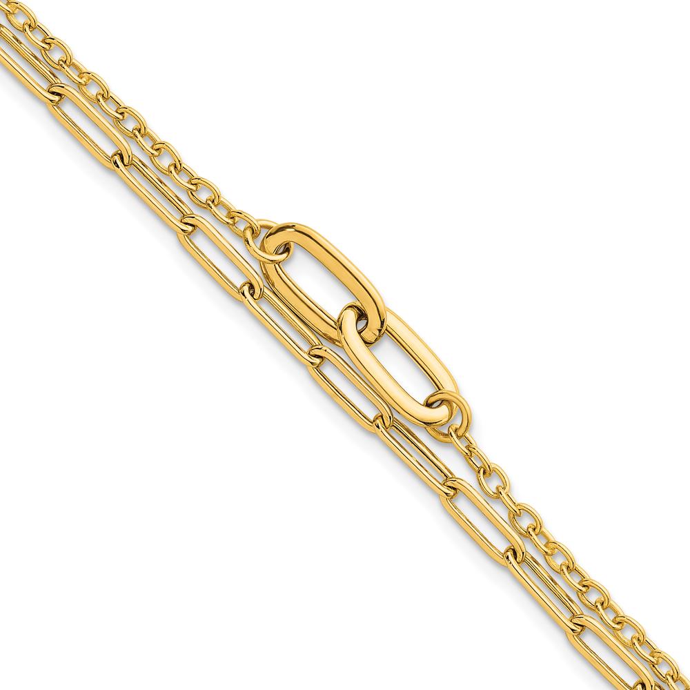 14K Yellow Gold Polished Paperclip and Oval Cable Link Double Strand Bracelet - 7.5" Length by 0