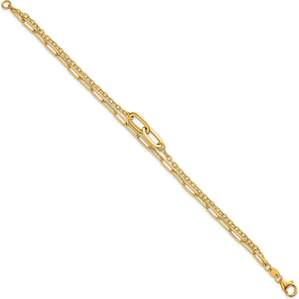 14K Yellow Gold Polished Paperclip and Oval Cable Link Double Strand Bracelet - 7.5" Length by 0