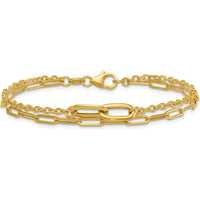 14K Yellow Gold Polished Paperclip and Oval Cable Link Double Strand Bracelet - 7.5" Length by 0