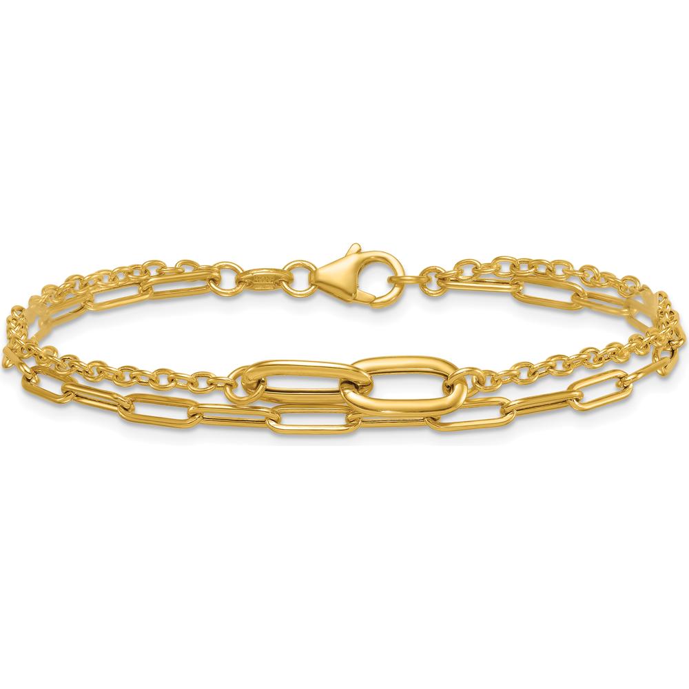 14K Yellow Gold Polished Paperclip and Oval Cable Link Double Strand Bracelet - 7.5" Length by 0