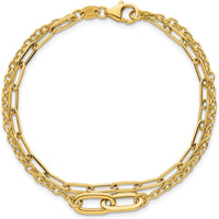 14K Yellow Gold Polished Paperclip and Oval Cable Link Double Strand Bracelet - 7.5" Length by 0