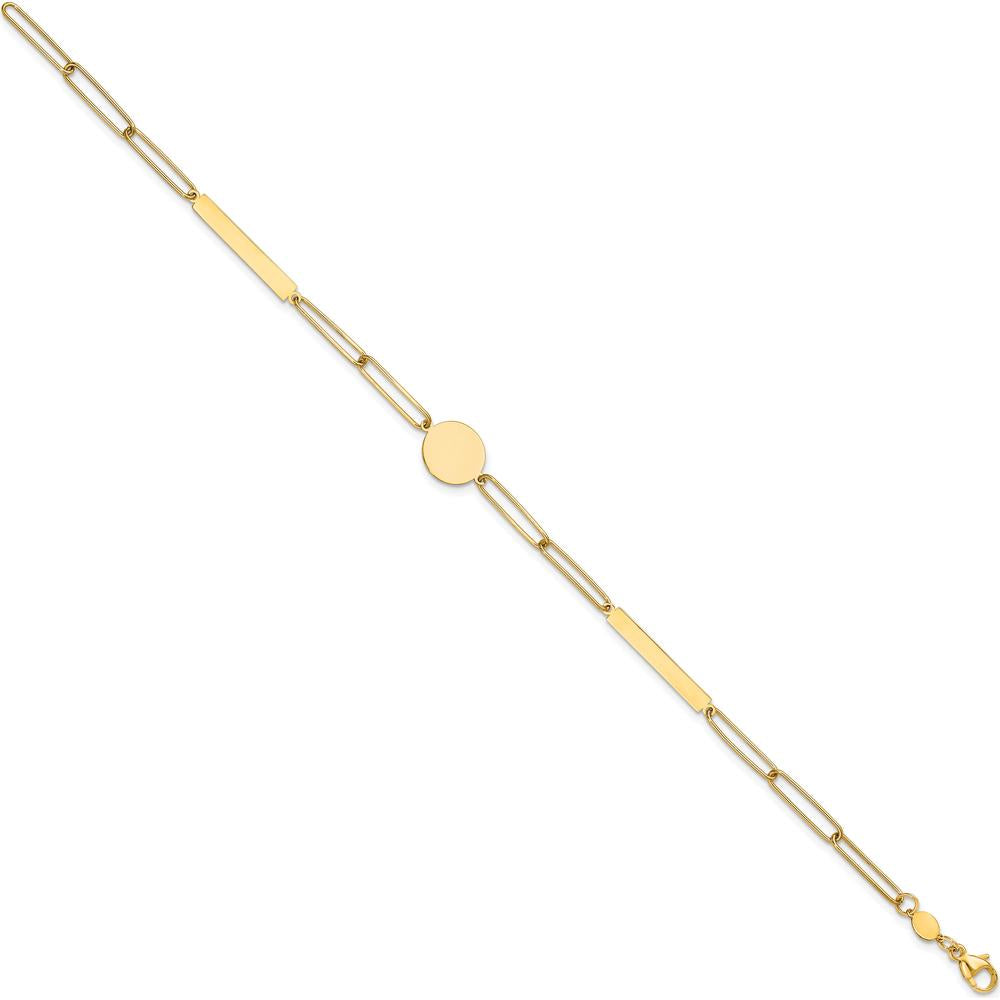 14K Yellow Gold Polished Paperclip Link Bracelet with Circle and Bars - 8.25" Length by 0