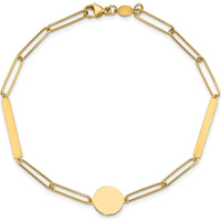 14K Yellow Gold Polished Paperclip Link Bracelet with Circle and Bars - 8.25" Length by 0