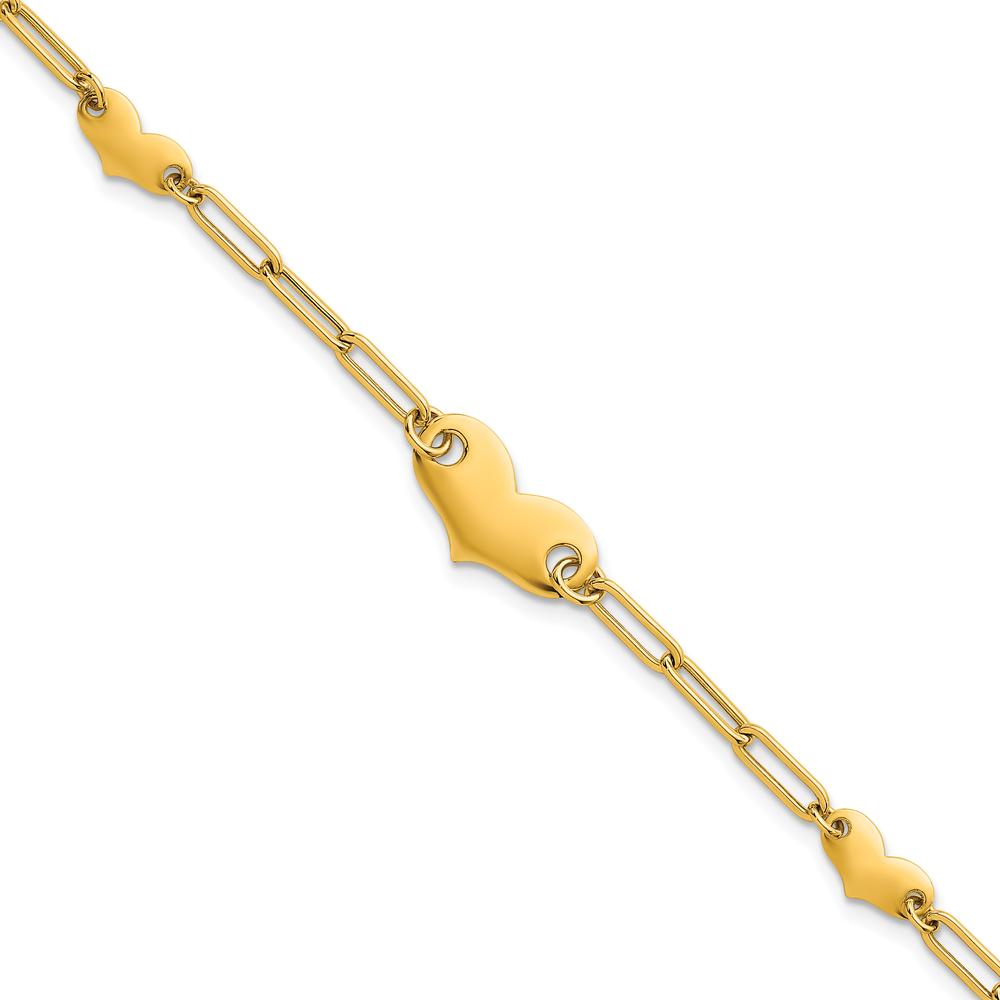 14K Yellow Gold Polished Paperclip Link Bracelet with Three Heart Charms - 7.5" Length by 0