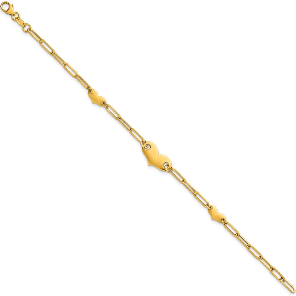 14K Yellow Gold Polished Paperclip Link Bracelet with Three Heart Charms - 7.5" Length by 0