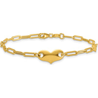 14K Yellow Gold Polished Paperclip Link Bracelet with Three Heart Charms - 7.5" Length by 0