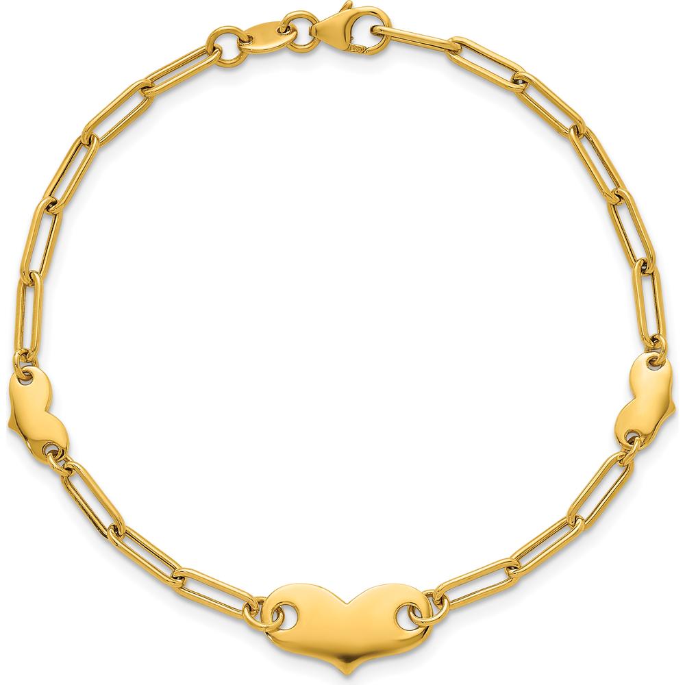 14K Yellow Gold Polished Paperclip Link Bracelet with Three Heart Charms - 7.5" Length by 0